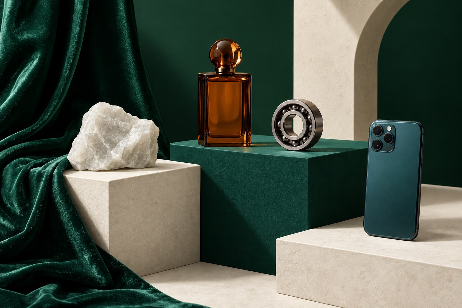 A curated arrangement of textiles, technology, fragrance and industrial materials